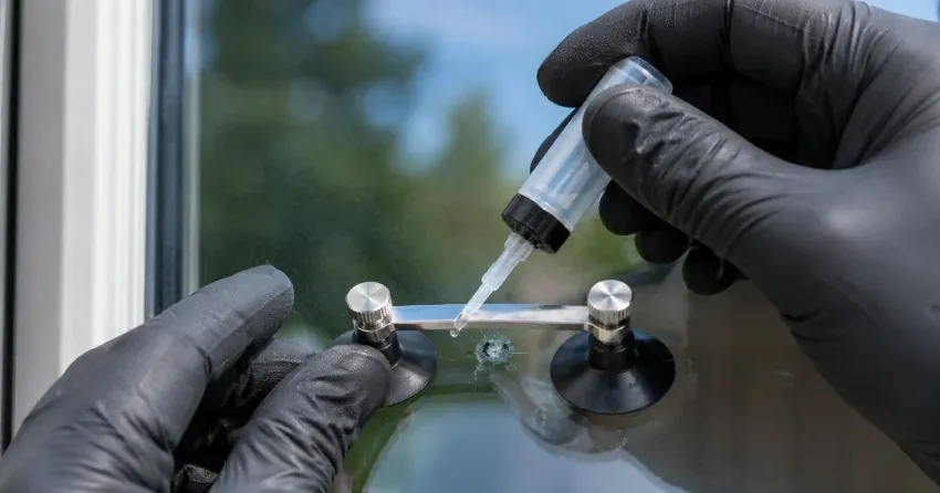 technician performing chipped glass repair on a window in Strange, King City