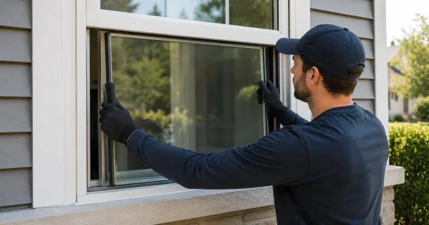 technician boarding up broken window during emergency glass repair Strange, King City