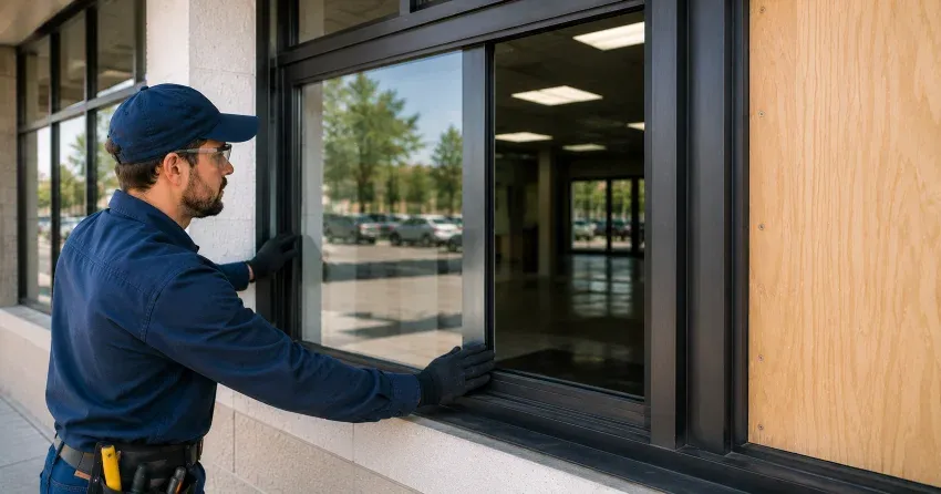 technician boarding a broken window after a break-in in Lloydtown, King City