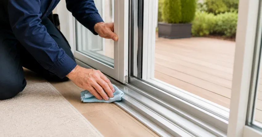 technician inspecting a sliding patio door track in Laskay, King City