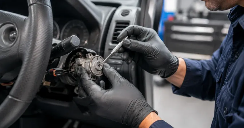 technician diagnosing an ignition lock repair issue in Snowball, King City