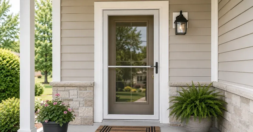 technician hanging storm door square and plumb in Laskay, King City