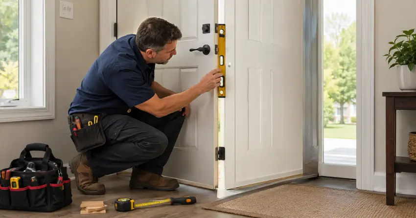 technician diagnosing a misaligned door frame in Strange, King City