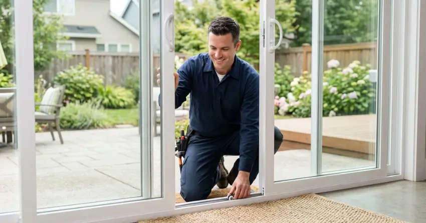technician diagnosing a sticking patio door in Snowball, King City