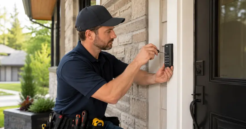 Technician installing an access control system keypad beside a residential front door in Strange, King City