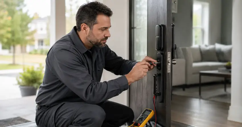 technician diagnosing automatic door lock mechanism on residential door in Glenville, King City