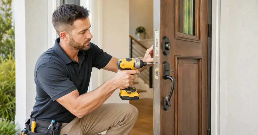 locksmith installing new deadbolt lock on front door in Strange, King City