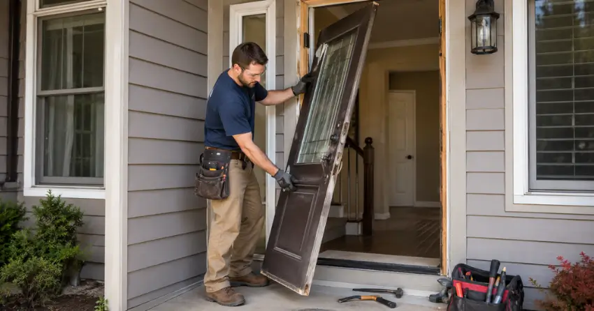 old exterior door being removed for replacement in Strange, King City