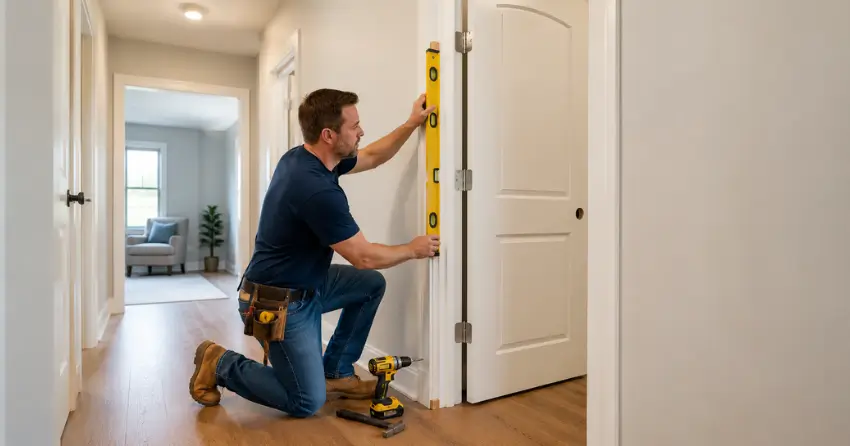 technician installing a pre-hung interior door in a home hallway King City