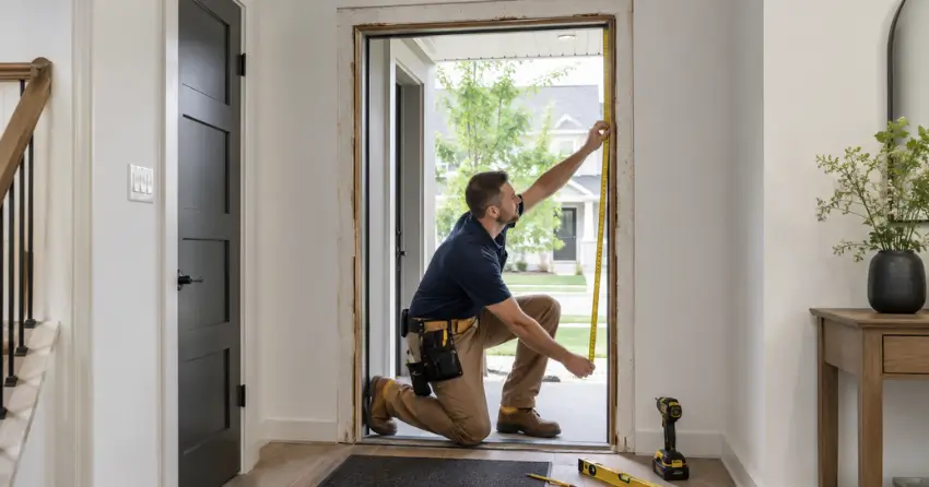 technician measuring a door frame before new door installation in Strange, King City