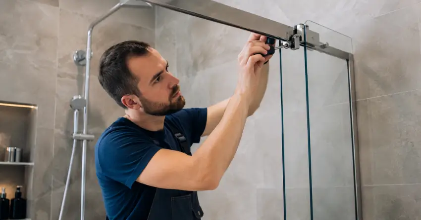 technician adjusting shower door hinge and track in Lloydtown, King City