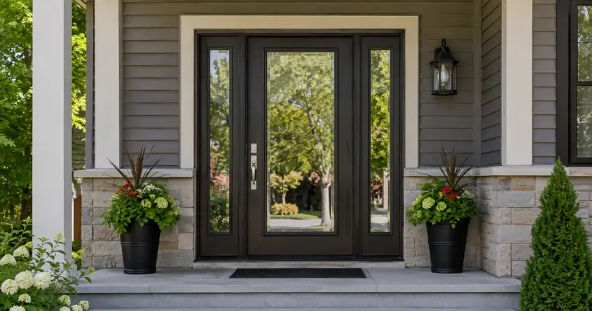 glass entry door with sidelights on a home in Strange, King City
