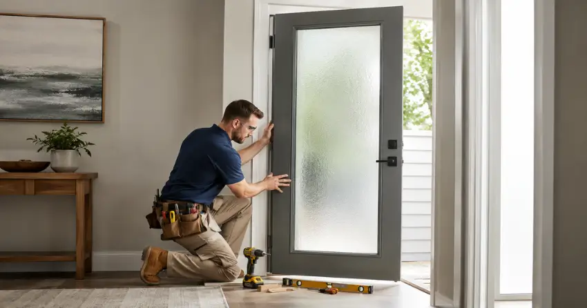 glass panel door installation with frosted privacy glass in residential setting in Snowball, King City