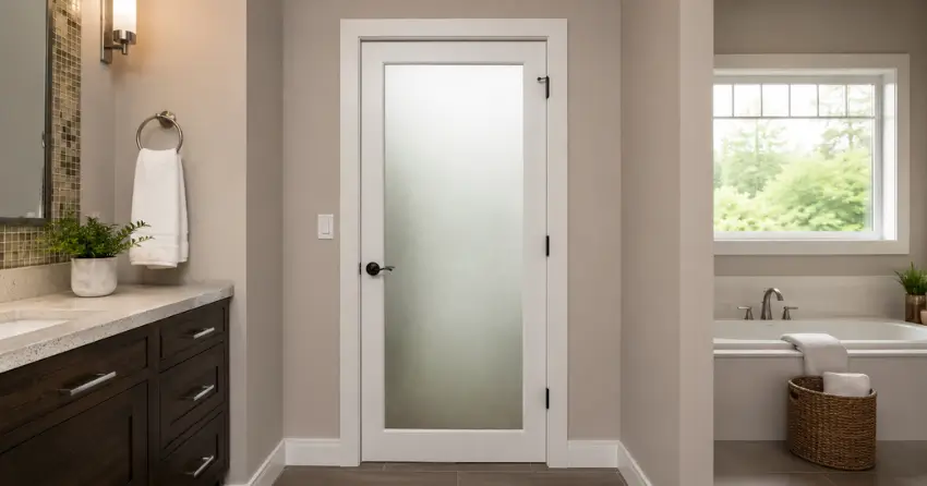 frosted glass panel bathroom door installed in a King City home