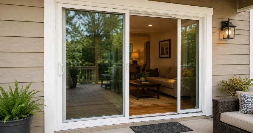 Patio Door Installation technician setting a new frame in Snowball, King City