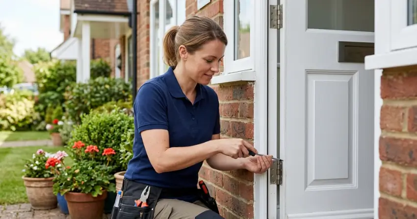 technician repairing exterior door hinge and frame in Lloydtown, King City