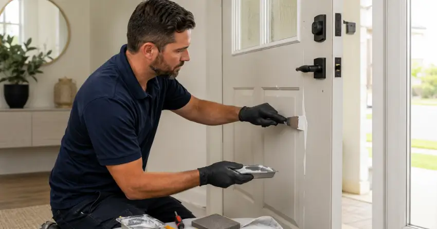 technician repairing fiberglass door surface crack in Glenville, King City