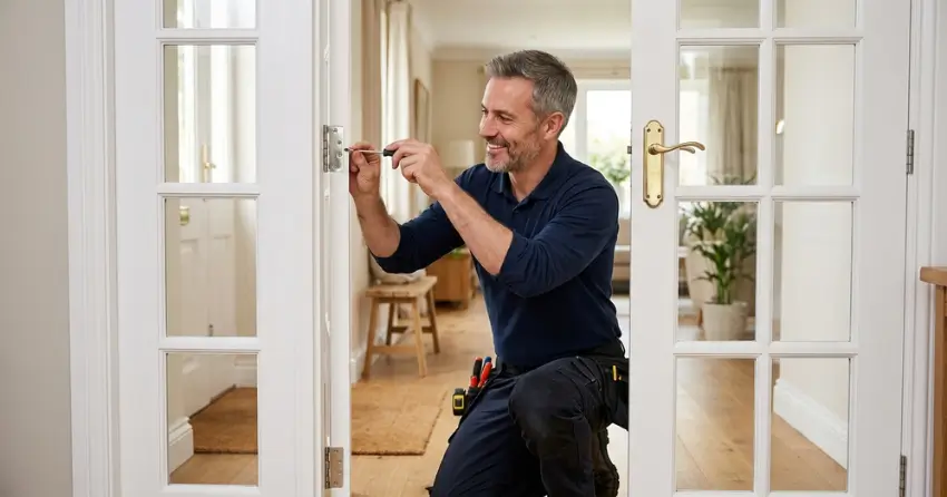 technician adjusting French door hinge for proper alignment in Lloydtown, King City