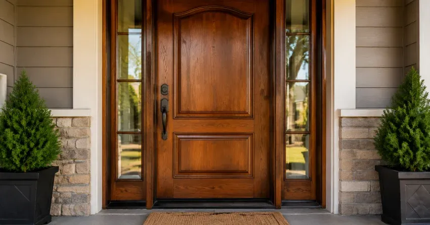 wood door mid-restoration showing stripped bare wood in Snowball, King City