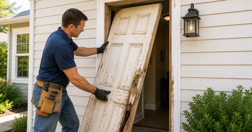 warped exterior door frame showing weather damage in Laskay, King City