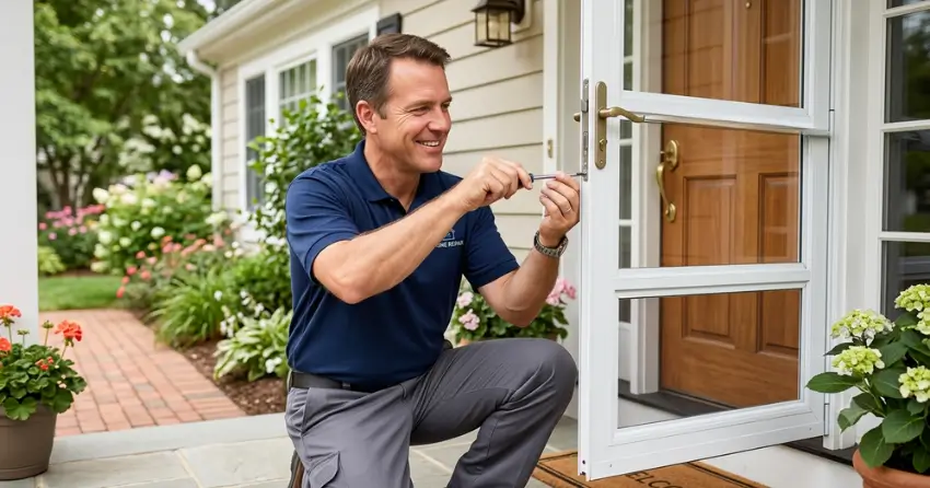 technician adjusting storm door hinge and closer in Lloydtown, King City