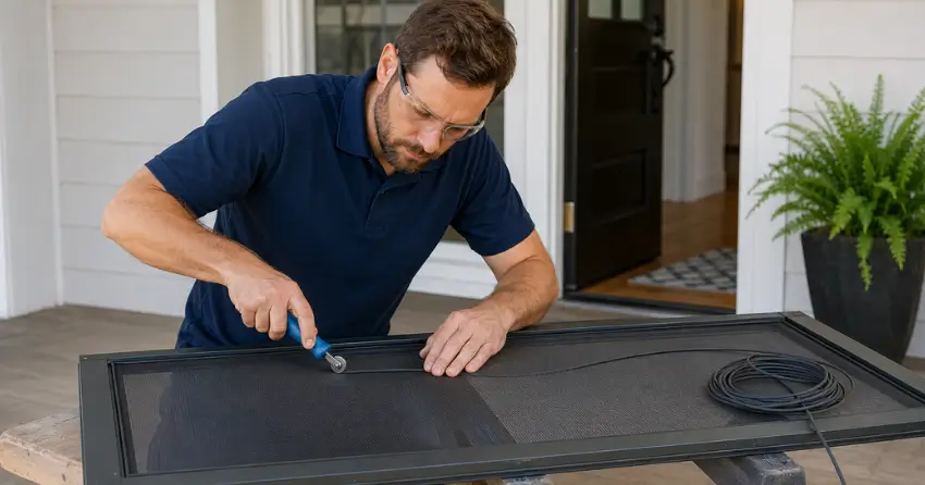 technician replacing screen door mesh and spline in Lloydtown, King City