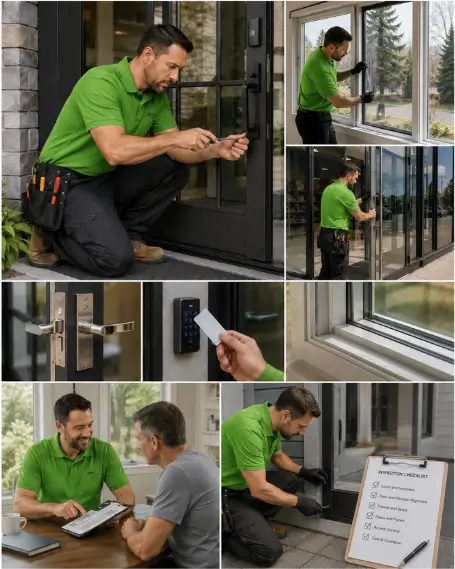 A technician testing a multi-point locking system on a newly fitted door